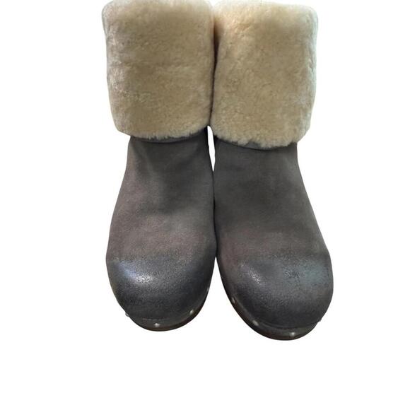 UGG Lynnea Gray Nubuck Leather Shearling Lined Wood Heel Boots Women's 5 Winter - Picture 3 of 5